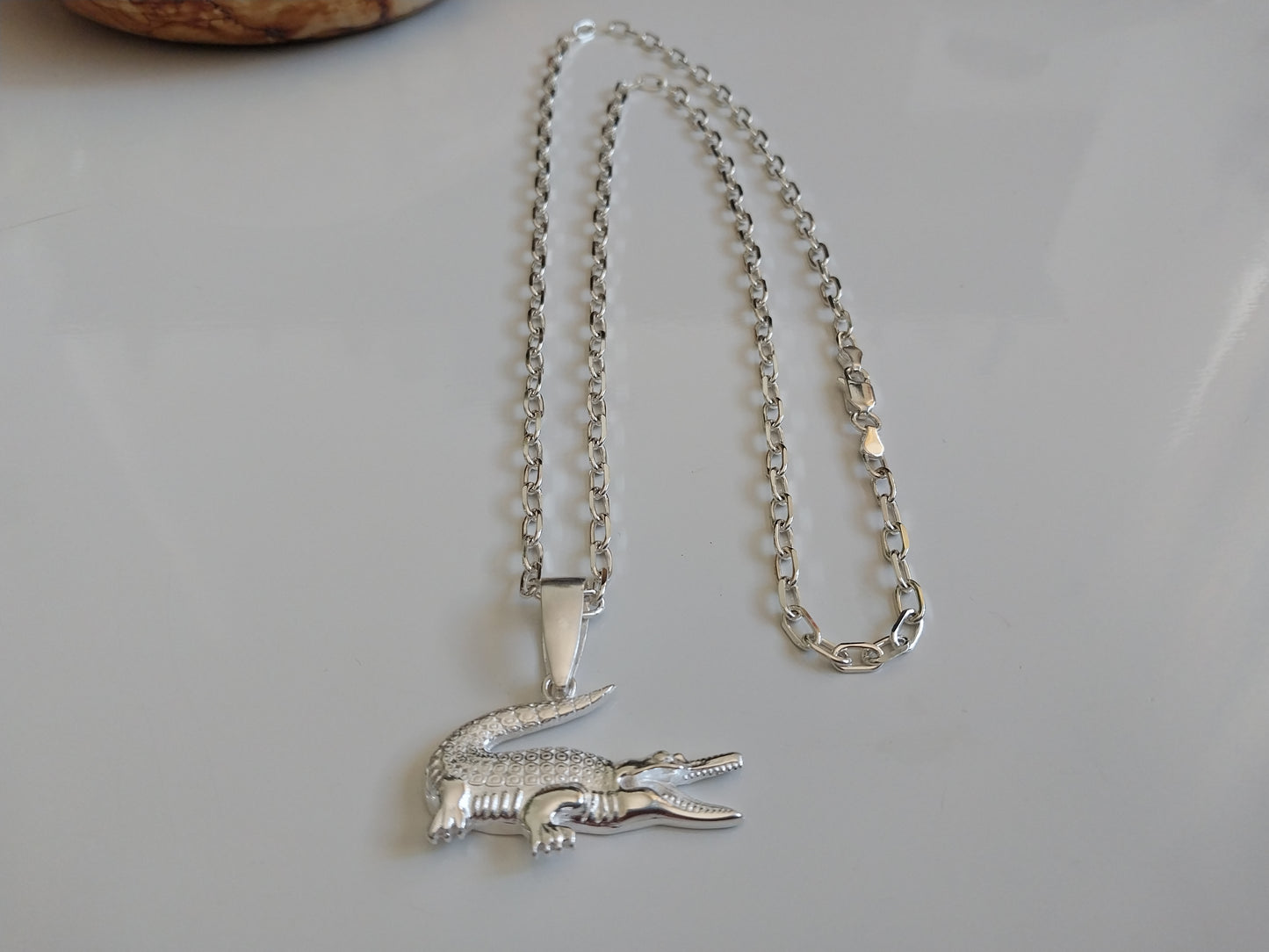 Corrente Prata 925 - Elo Alongado com Pingente de Prata Jacaré.