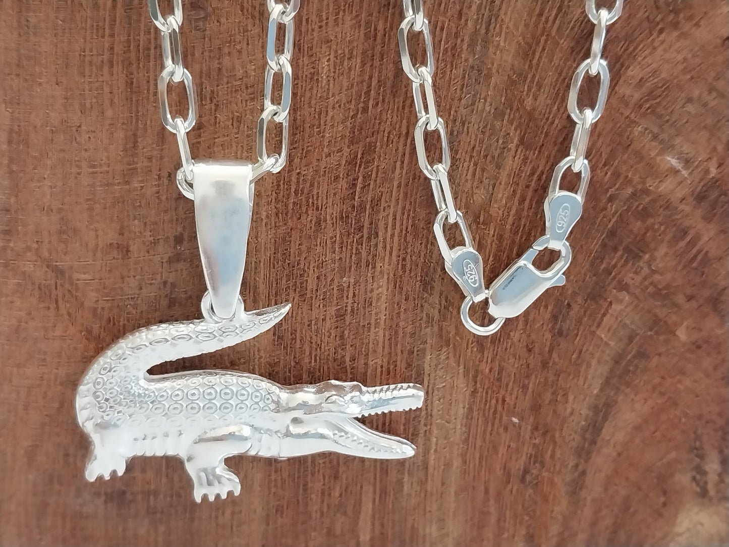 Corrente Prata 925 - Elo Alongado com Pingente de Prata Jacaré.