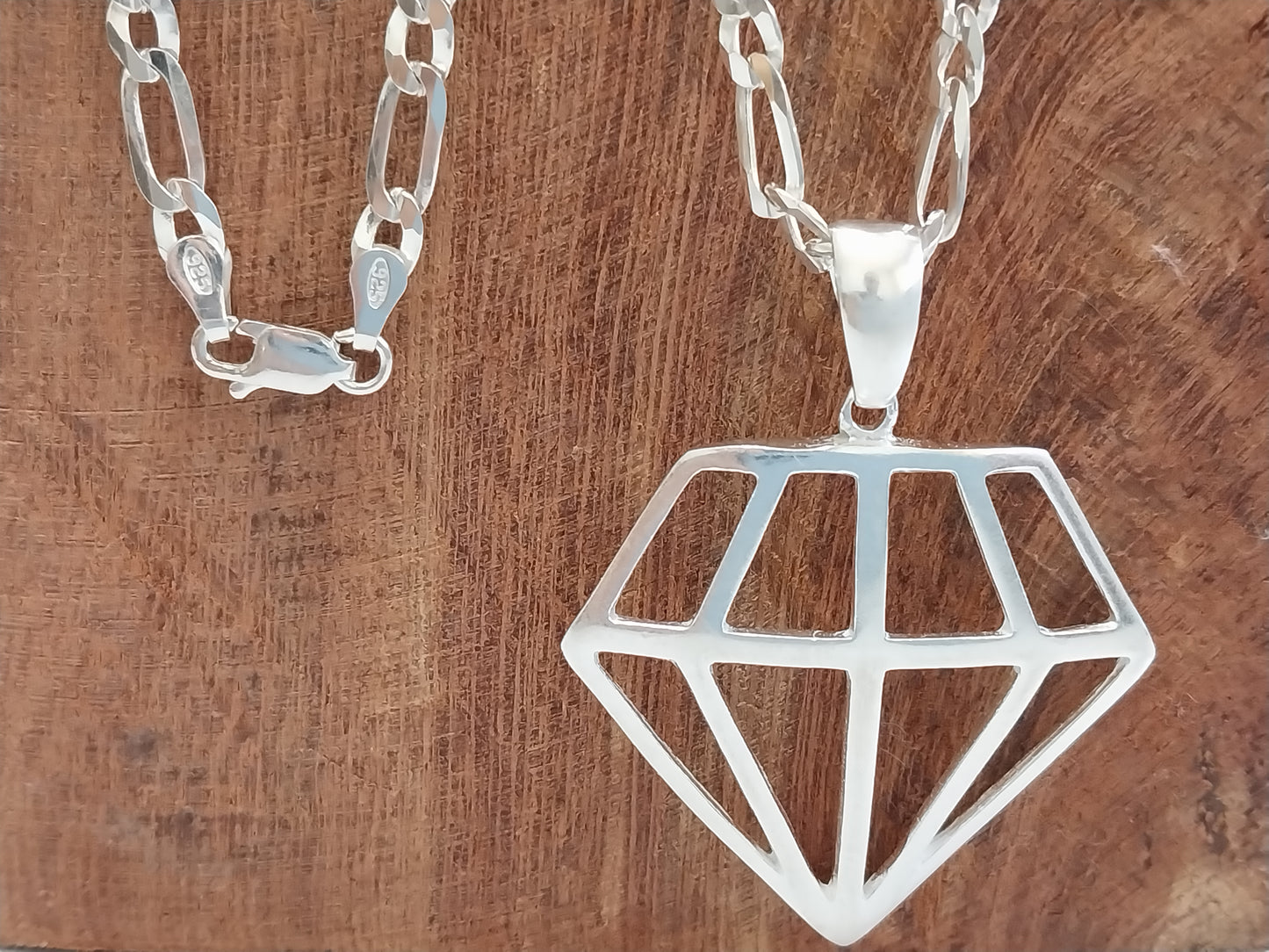 Corrente de Prata 925 - Elo 3x1 com Pingente de Prata Formato Diamante.