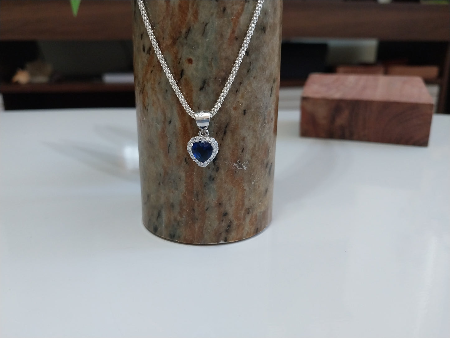Colar de Prata 925 - Elo Pipoca com Pingente Coração Azul
