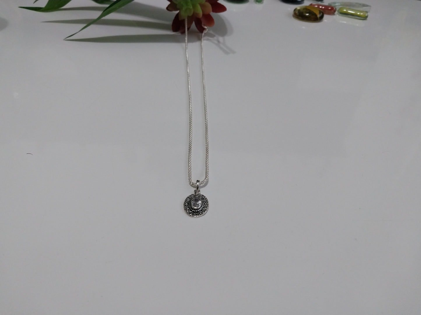Colar de Prata 925 - Elo Pipoca com Pingente Pedra Natural.