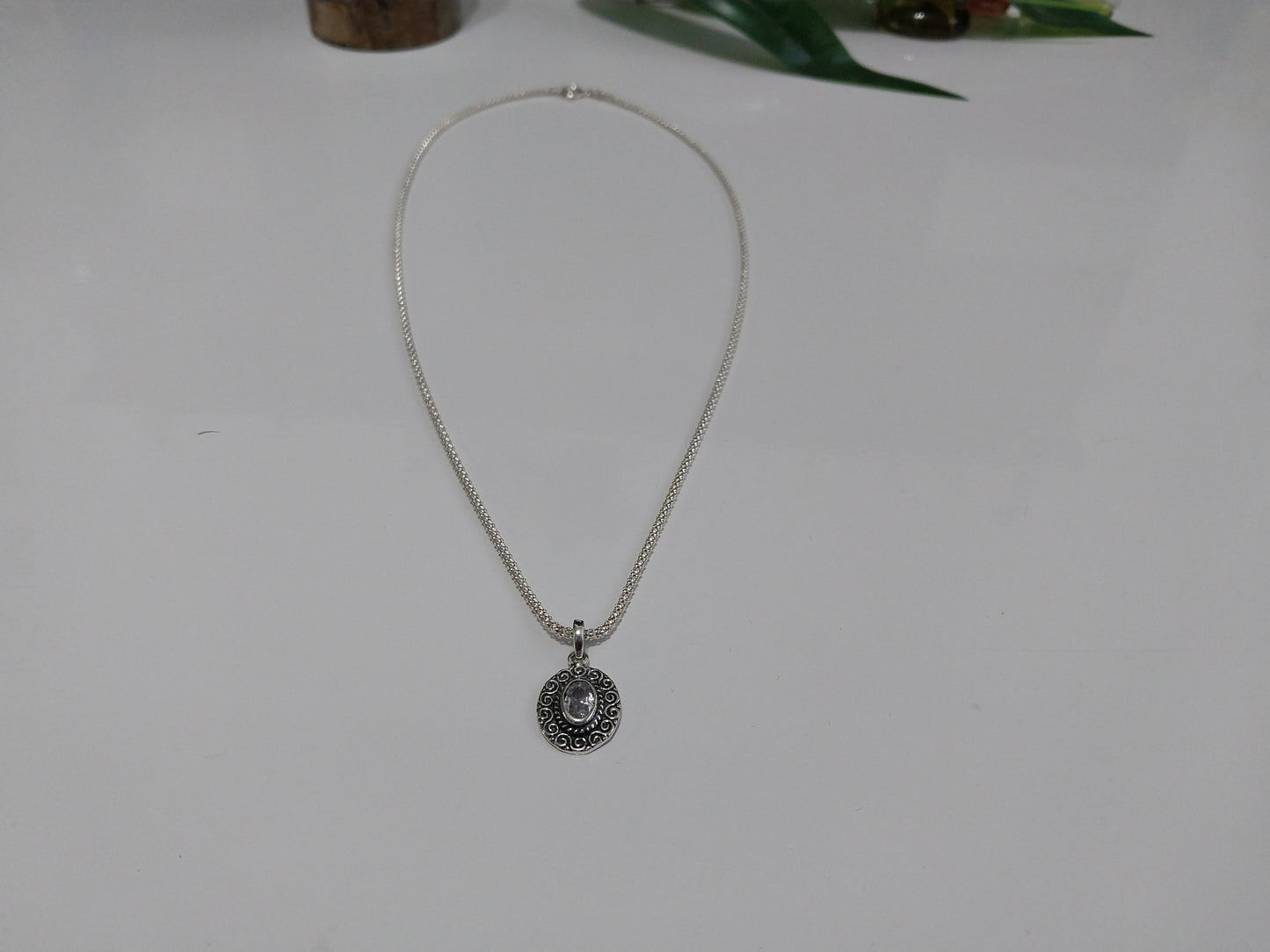 Colar de Prata 925 - Elo Pipoca com Pingente Pedra Natural.