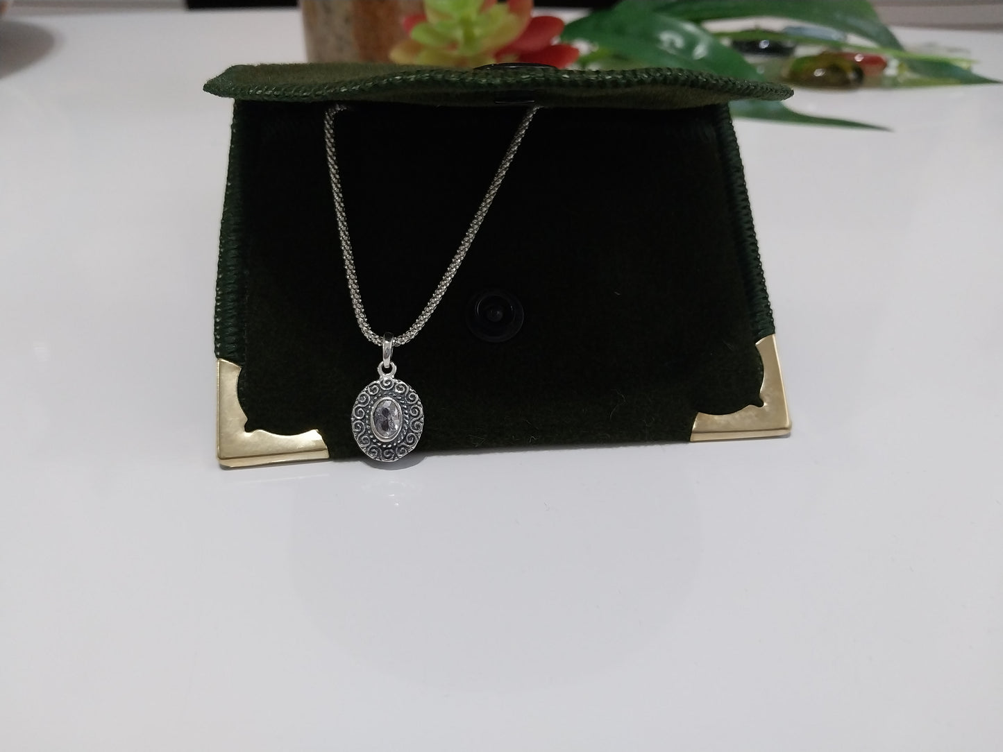 Colar de Prata 925 - Elo Pipoca com Pingente Pedra Natural.