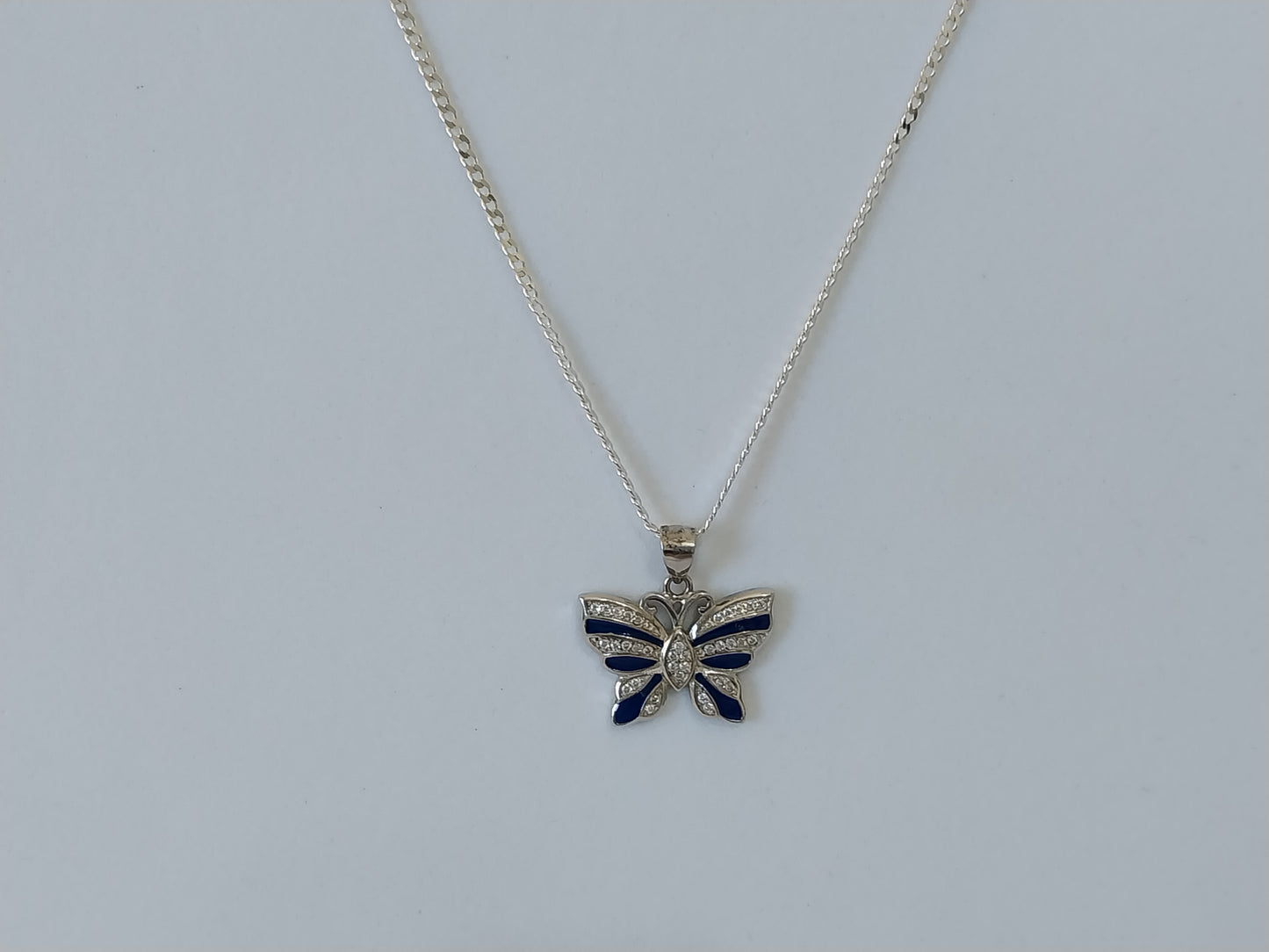 Corrente de Prata 925 - Groumet e Pingente de Prata Borboleta Azul.