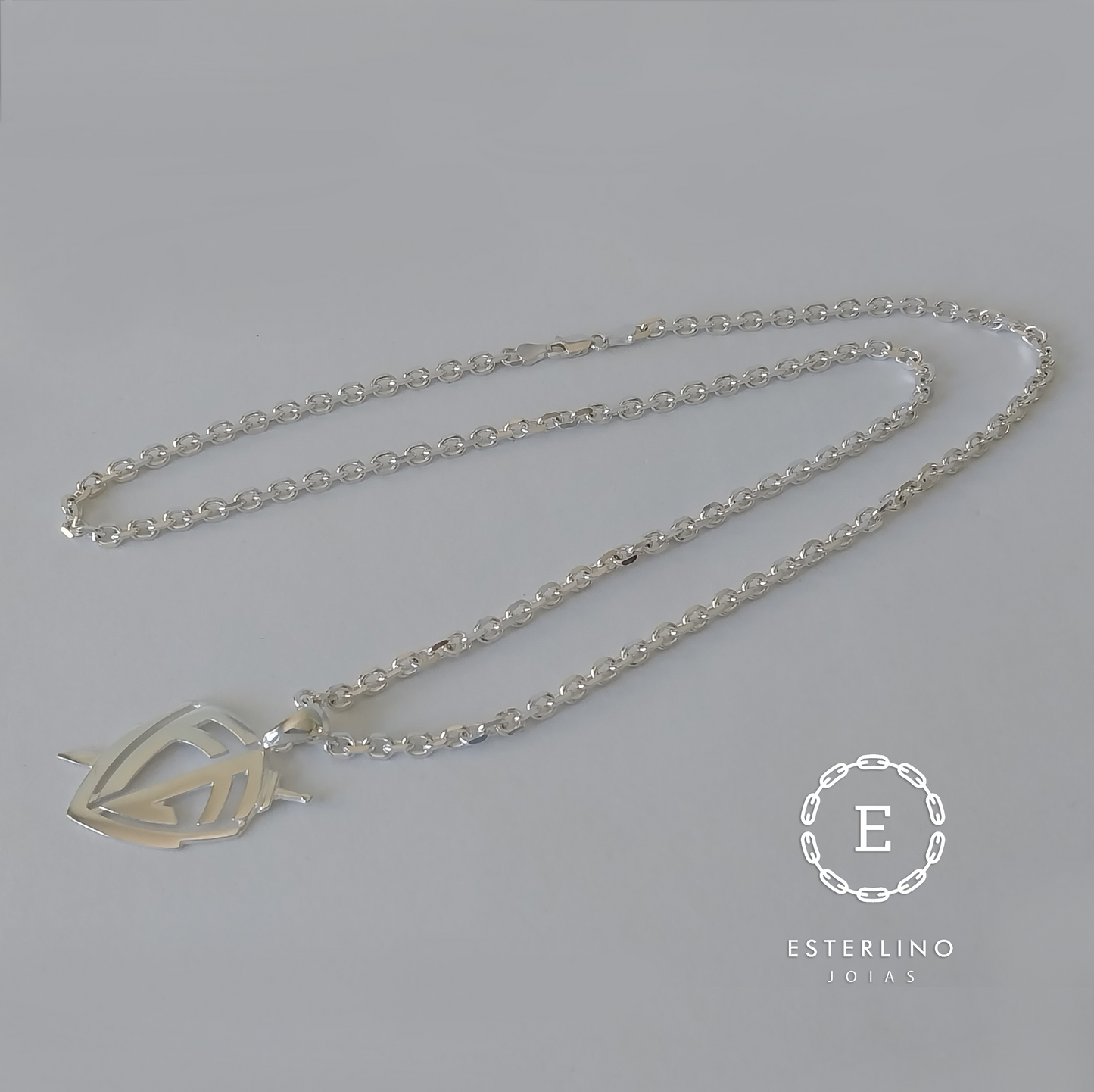 Corrente de Prata 925 - Cartier Elo Grande e Pingente de Prata Escudo da Fé