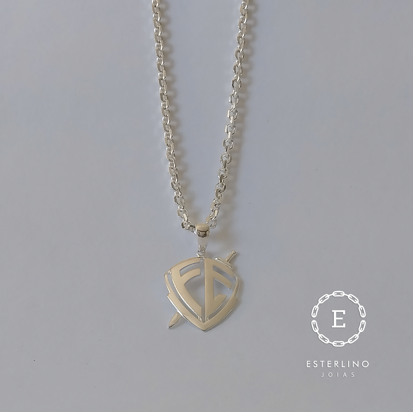 Corrente de Prata 925 - Cartier Elo Grande e Pingente de Prata Escudo da Fé